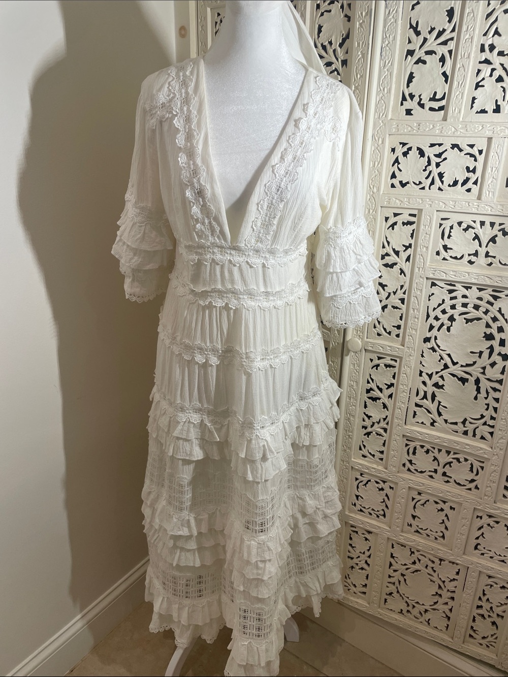 Ivory Tiered Ruffle Lace Maxi Dress